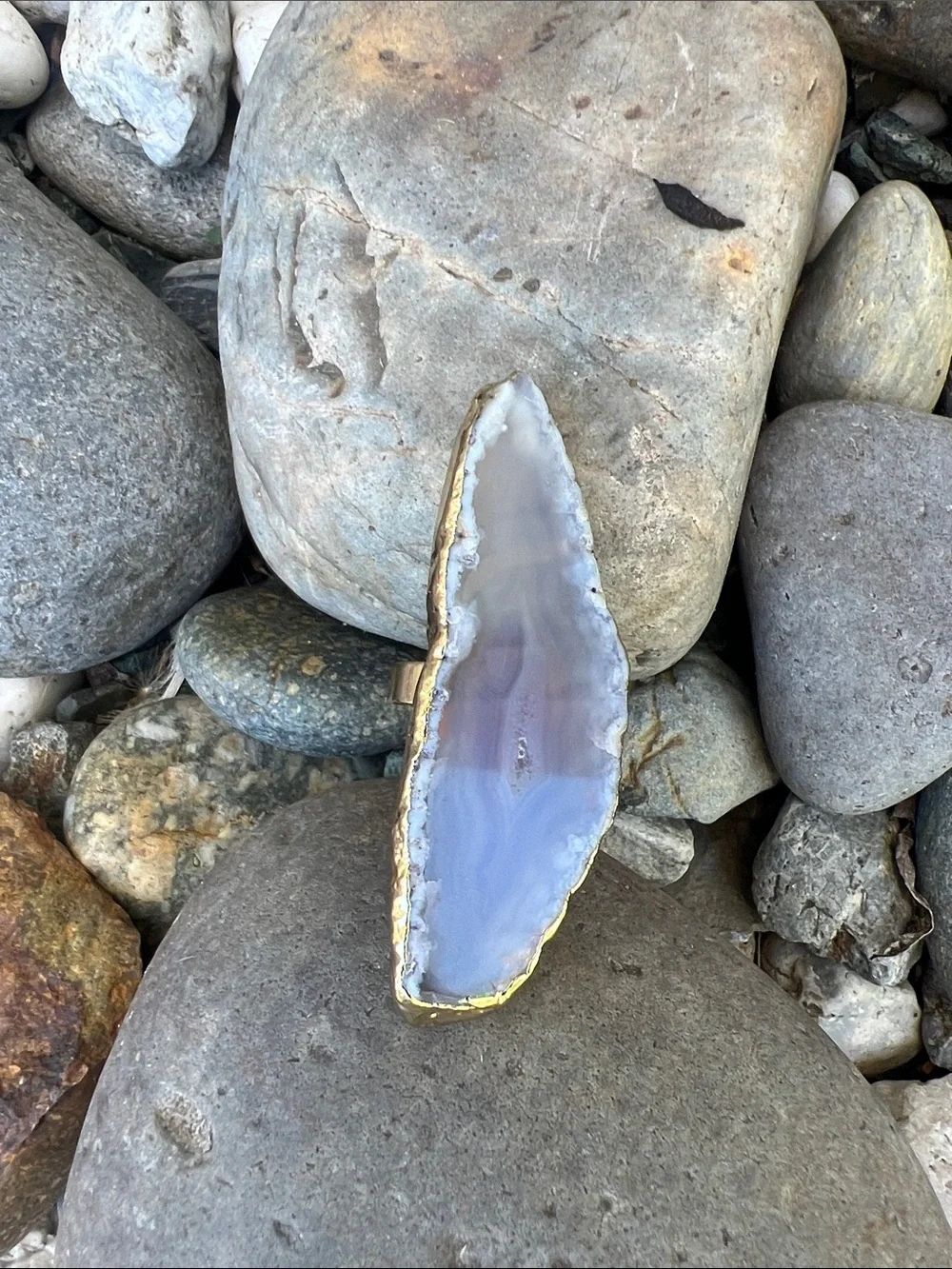 Long Lavender Agate Statement Ring with Gold Edge